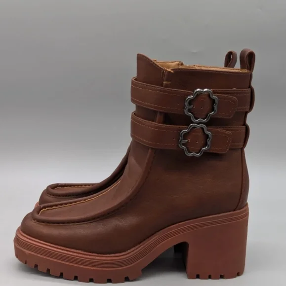 SAM & LIBBY CHIARA AMBERSAND FAUX LEATHER BOOTS Brown Leather ABOVE Ankle Boots - Picture 5 of 6